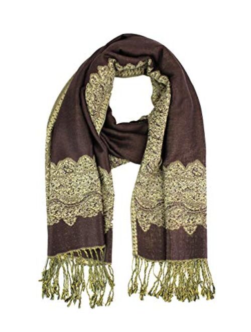 Paskmlna Border Pattern Double Layered Reversible Woven Pashmina Shawl Scarf Wrap Stole