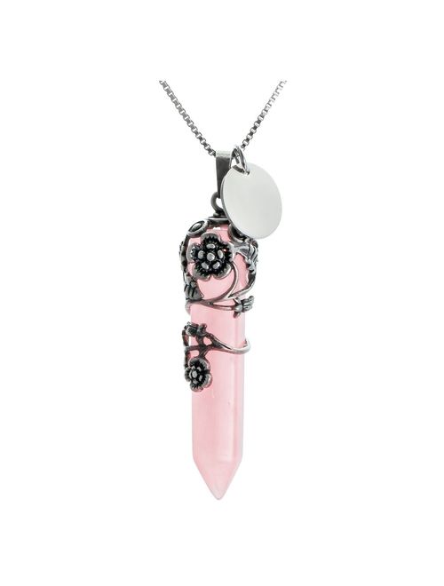 Top Plaza Antique Silver Flower Wrapped Natural Rose Quartz Healing Crystal Necklace