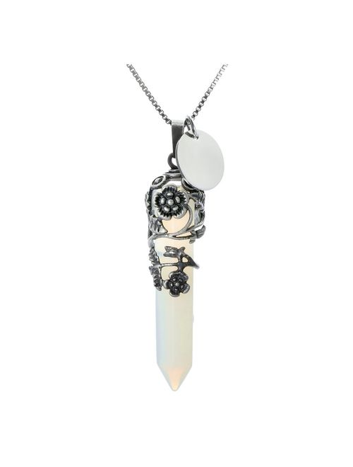 Top Plaza Antique Silver Flower Wrapped Natural Rose Quartz Healing Crystal Necklace