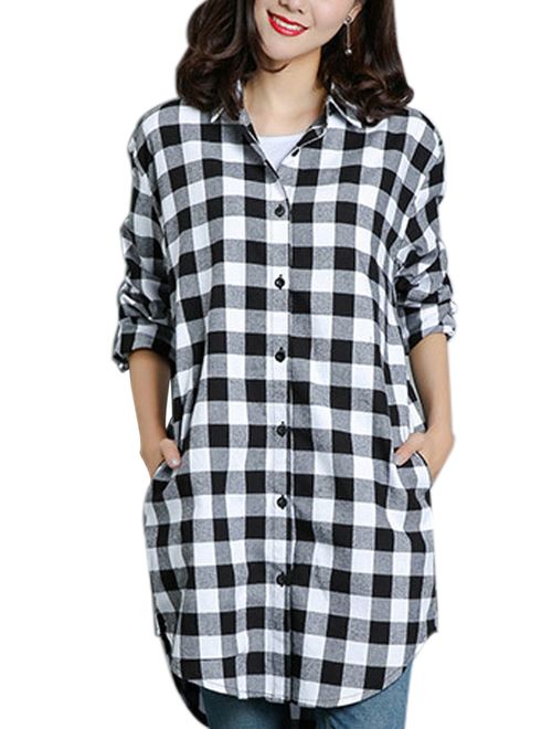 Gihuo Women's Casual Mid-Long Boyfriend Long Sleeve Loose Button Down Plaid Shirt