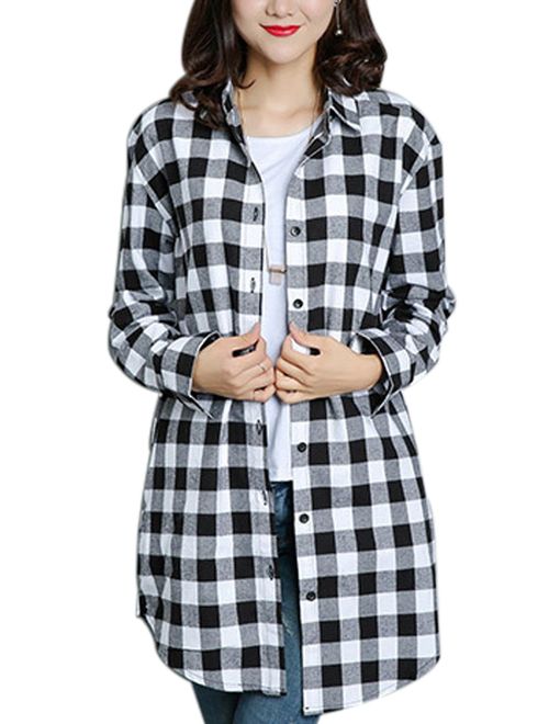 Gihuo Women's Casual Mid-Long Boyfriend Long Sleeve Loose Button Down Plaid Shirt