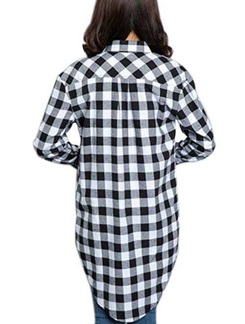 Gihuo Women's Casual Mid-Long Boyfriend Long Sleeve Loose Button Down Plaid Shirt