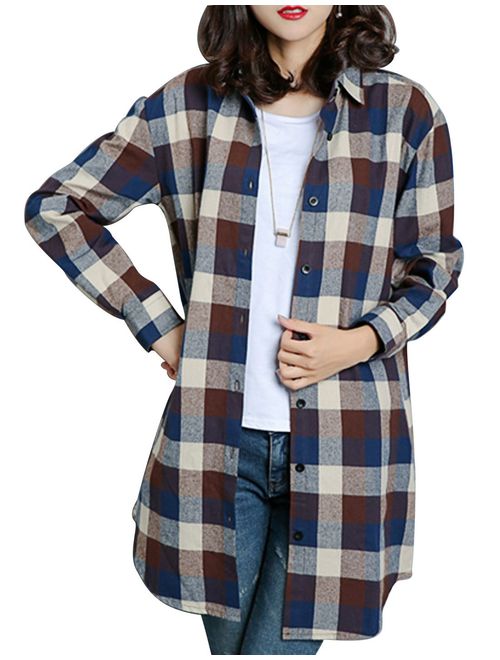 Gihuo Women's Casual Mid-Long Boyfriend Long Sleeve Loose Button Down Plaid Shirt