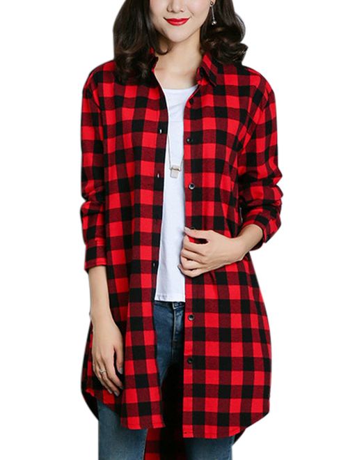 Gihuo Women's Casual Mid-Long Boyfriend Long Sleeve Loose Button Down Plaid Shirt