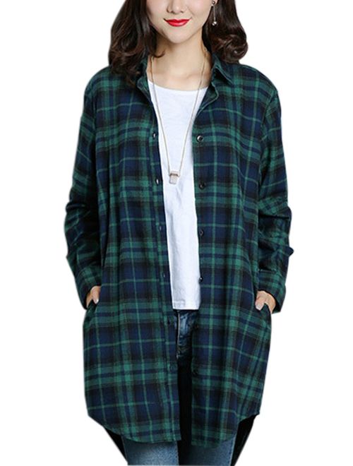 Gihuo Women's Casual Mid-Long Boyfriend Long Sleeve Loose Button Down Plaid Shirt