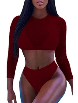 Meyeeka Womens Sexy High Waist Rash Guard Swimwear Long Sleeve 3PCS Swimsuit