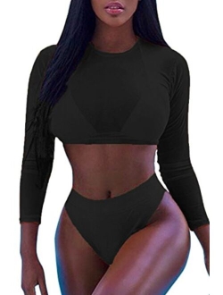 Meyeeka Womens Sexy High Waist Rash Guard Swimwear Long Sleeve 3PCS Swimsuit