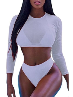 Meyeeka Womens Sexy High Waist Rash Guard Swimwear Long Sleeve 3PCS Swimsuit