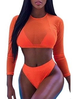 Meyeeka Womens Sexy High Waist Rash Guard Swimwear Long Sleeve 3PCS Swimsuit