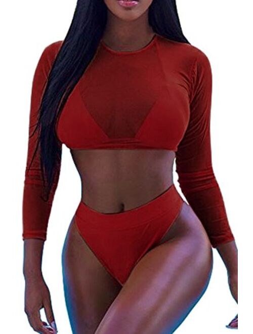 Meyeeka Womens Sexy High Waist Rash Guard Swimwear Long Sleeve 3PCS Swimsuit