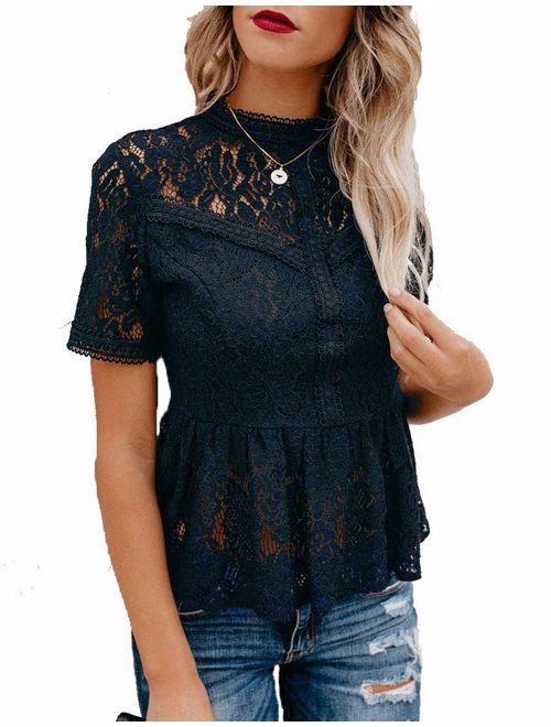 Tobrief Women's Short Sleeve/Long Sleeve Sexy Sheer Mesh Lace Blouse Peplum Top