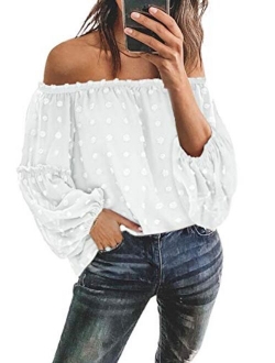 Womens Off The Shoulder Flared Bell Sleeve Tops Dot Printed Loose Fall Shirt Blouses