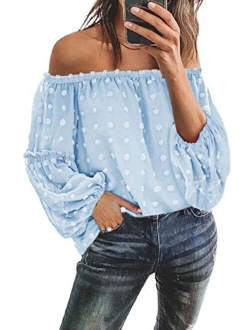 Womens Off The Shoulder Flared Bell Sleeve Tops Dot Printed Loose Fall Shirt Blouses