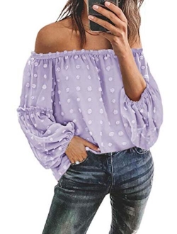 Womens Off The Shoulder Flared Bell Sleeve Tops Dot Printed Loose Fall Shirt Blouses