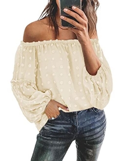 Womens Off The Shoulder Flared Bell Sleeve Tops Dot Printed Loose Fall Shirt Blouses