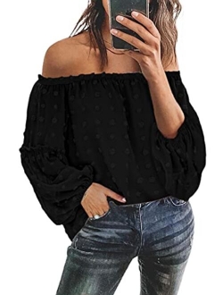 Womens Off The Shoulder Flared Bell Sleeve Tops Dot Printed Loose Fall Shirt Blouses