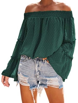 Womens Off The Shoulder Flared Bell Sleeve Tops Dot Printed Loose Fall Shirt Blouses