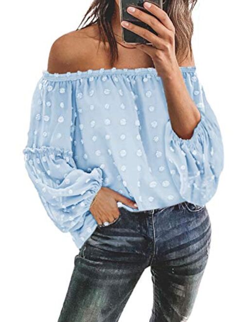 Asvivid Womens Off The Shoulder Flared Bell Sleeve Tops Dot Printed Loose Fall Shirt Blouses