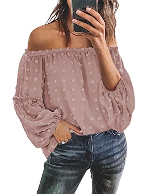 Asvivid Womens Off The Shoulder Flared Bell Sleeve Tops Dot Printed Loose Fall Shirt Blouses