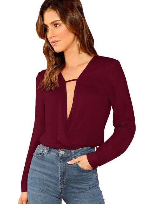 SheIn Women's Sexy Deep V Neck Long Sleeve Drape Wrap Tops Chiffon Blouse