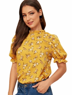 Women's Floral Print Ruffle Puff Short Sleeve Casual Blouse Tops