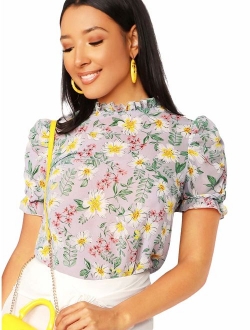 Women's Floral Print Ruffle Puff Short Sleeve Casual Blouse Tops