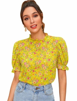 Women's Floral Print Ruffle Puff Short Sleeve Casual Blouse Tops