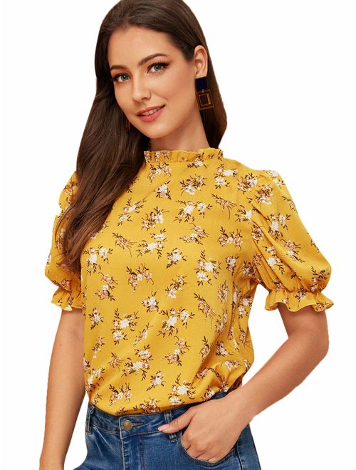 ROMWE Women's Floral Print Ruffle Puff Short Sleeve Casual Blouse Tops