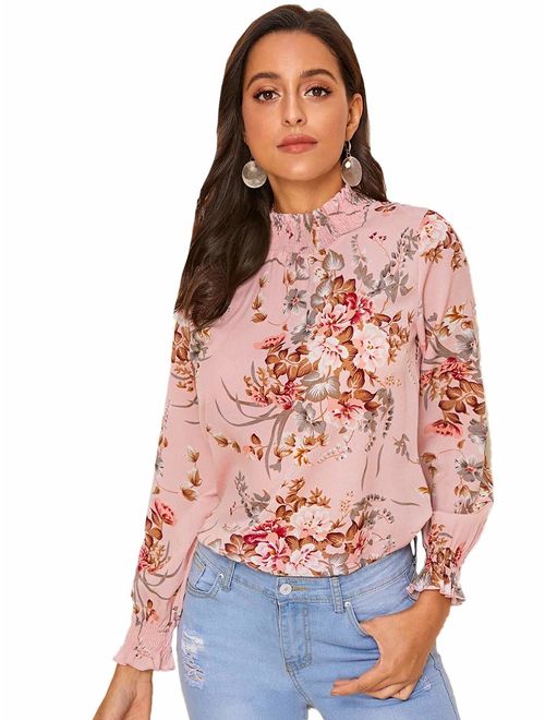 ROMWE Women's Floral Print Ruffle Puff Short Sleeve Casual Blouse Tops