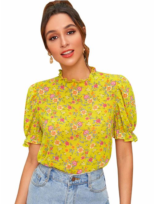 ROMWE Women's Floral Print Ruffle Puff Short Sleeve Casual Blouse Tops