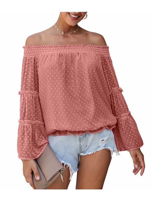 KIRUNDO 2019 Women's Autumn Chiffon Blouse Off Shoulder Swiss Dot 3/4 Bell Sleeves Ruffle Tunic Top