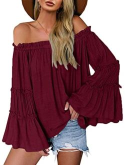 Womens Off The Shoulder Long Bell Sleeve Tops Flared Casual Loose Blouse