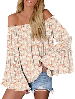 Womens Off The Shoulder Long Bell Sleeve Tops Flared Casual Loose Blouse