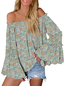 Womens Off The Shoulder Long Bell Sleeve Tops Flared Casual Loose Blouse