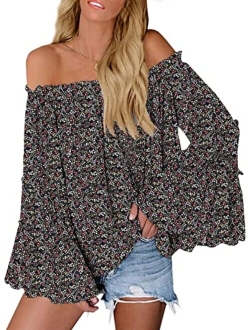 Womens Off The Shoulder Long Bell Sleeve Tops Flared Casual Loose Blouse