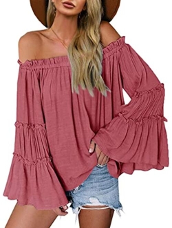 Womens Off The Shoulder Long Bell Sleeve Tops Flared Casual Loose Blouse