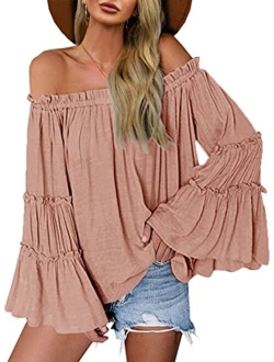 Womens Off The Shoulder Long Bell Sleeve Tops Flared Casual Loose Blouse