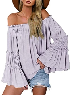 Womens Off The Shoulder Long Bell Sleeve Tops Flared Casual Loose Blouse