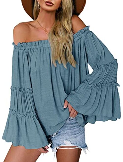 Womens Off The Shoulder Long Bell Sleeve Tops Flared Casual Loose Blouse