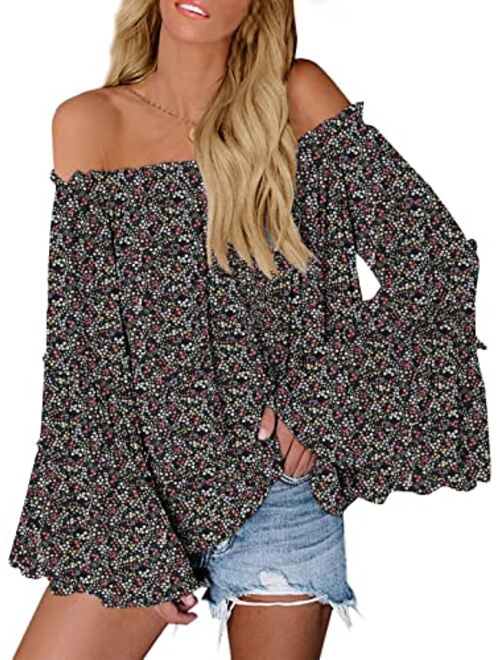 Womens Off The Shoulder Long Bell Sleeve Tops Flared Casual Loose Blouse