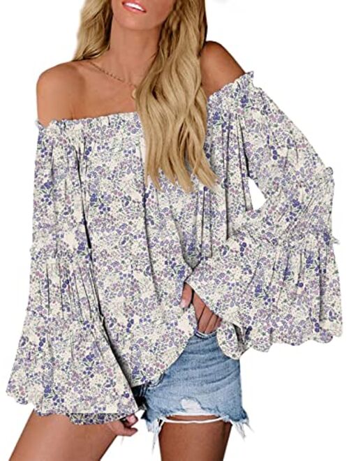 Womens Off The Shoulder Long Bell Sleeve Tops Flared Casual Loose Blouse