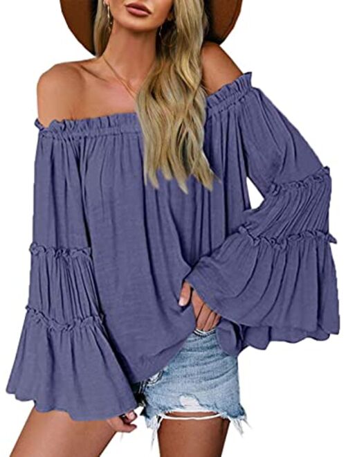 Womens Off The Shoulder Long Bell Sleeve Tops Flared Casual Loose Blouse