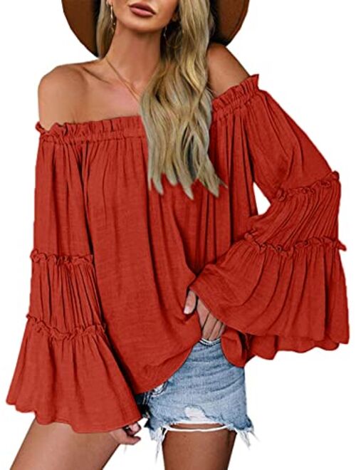 Womens Off The Shoulder Long Bell Sleeve Tops Flared Casual Loose Blouse