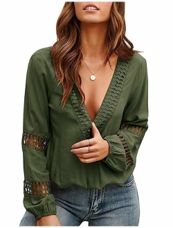 Viracy Womens V Neck Lantern Long Sleeve Blouse Hollow Out Casual Shirts Tops