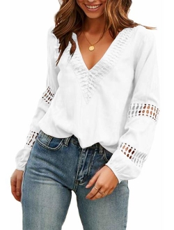 Viracy Womens V Neck Lantern Long Sleeve Blouse Hollow Out Casual Shirts Tops