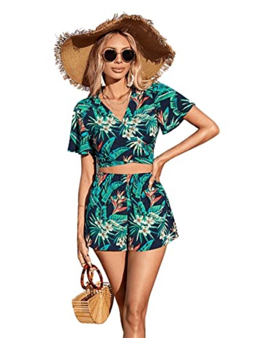 SweatyRocks Women's 2 Piece Boho Floral Print Crop Cami Top with Shorts Set