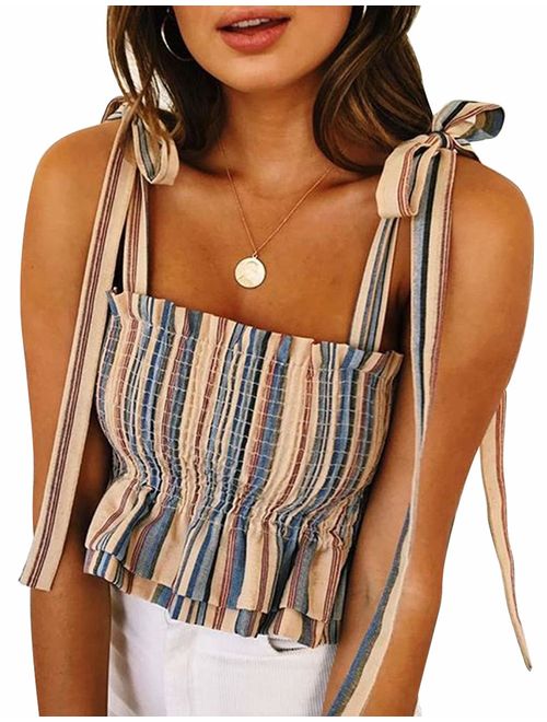 CILKOO Women's Frill Smocked Crop Tank Top Tie Shoulder Strap Vest(S-XXL)