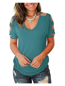 Jescakoo Women's Short Sleeve Cut Out Cold Shoulder Tops Deep V Neck T Shirts