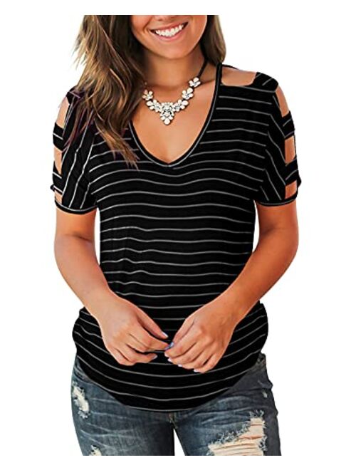 Jescakoo Women's Short Sleeve Cut Out Cold Shoulder Tops Deep V Neck T Shirts