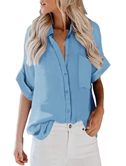 ZC&GF Women's Long Sleeve V-Neck Stripes Casual Blouses Pocket Button Down Shirt Tops